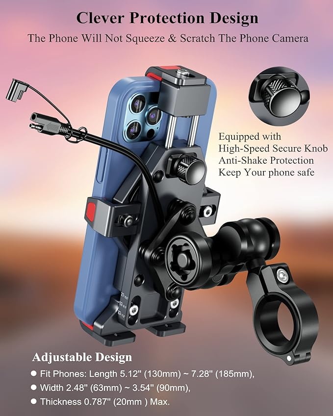 BRCOVAN Motorcycle Phone Mount with Qi 15W Wireless Charger & Vibration Dampener, Anti-Theft, Anti-Shake, Adjustable, Aluminum Alloy Motorcycle Handlebar Cellphone Holder for 4.7''-7.2'' Smartphones