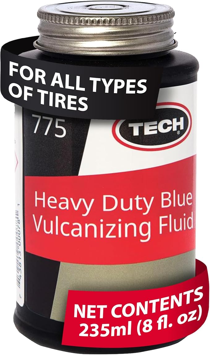 Heavy-Duty Blue Vulcanizing Fluid - Tire Repair Cement, Use with TECH Tire Stems and Patches, 8oz Bottle w/Brush Cap
