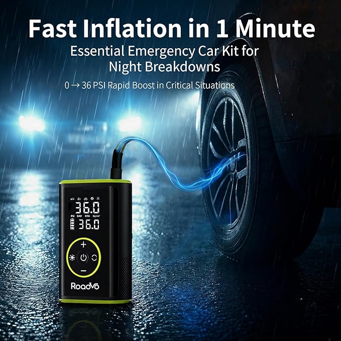 Roadvo Tire Inflator Portable Air Compressor – 150 PSI Cordless Bicycle Pump with Pressure Gauge, Digital Air Pump with 10000mAh Battery for Car, Road Bike, Electric Bike, MTB, Motorcycle, Balls