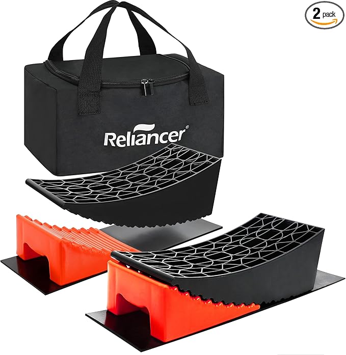 HDPE Curved RV Leveling System for Travel Trailers,Include 2 Camper Levelers,2 Chocks,2 Anti-Slip Rubber Mats,1 Carrying Bag,Up to 35000lbs,Faster and Preciser Leveling Than Camper Leveling Blocks