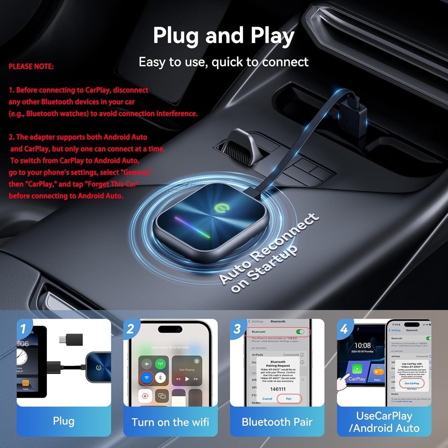 Wireless CarPlay Adapter for iPhone, 2 in 1 Wireless CarPlay and Android Auto Adapter Converts Factory Wired to Wireless, Plug and Play Car Play Adapter with Stable Control and No Delay