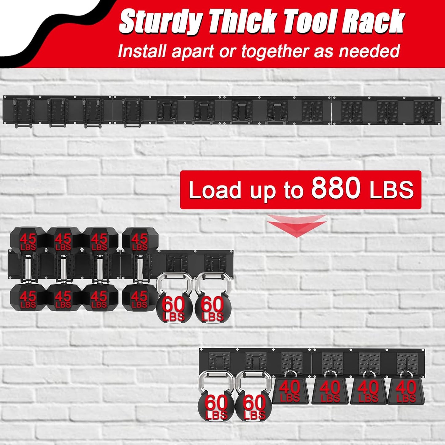 64 Inches Garage Organization, Wall Mount Garden Tool Organizer, 880lbs Adjustable Heavy Duty Metal Hanging Hooks, Garden Tool Storage Rack for Garage, Yard, and Shed (4 Racks, 12 Hooks)