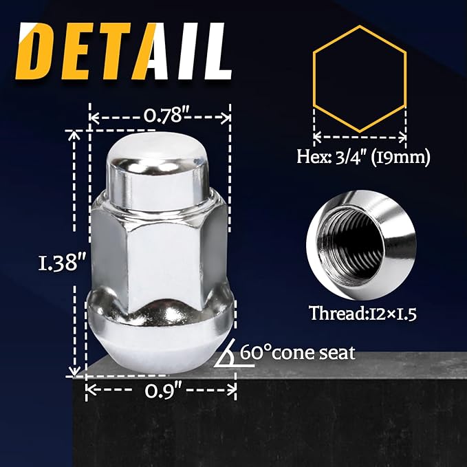Set of 20, 12x1.5 1.38'' Length 3/4'' 19mm Hex Acorn Lug Nuts with Conical Seat Compatible with Honda Acura Aftermarket Alloy Wheels