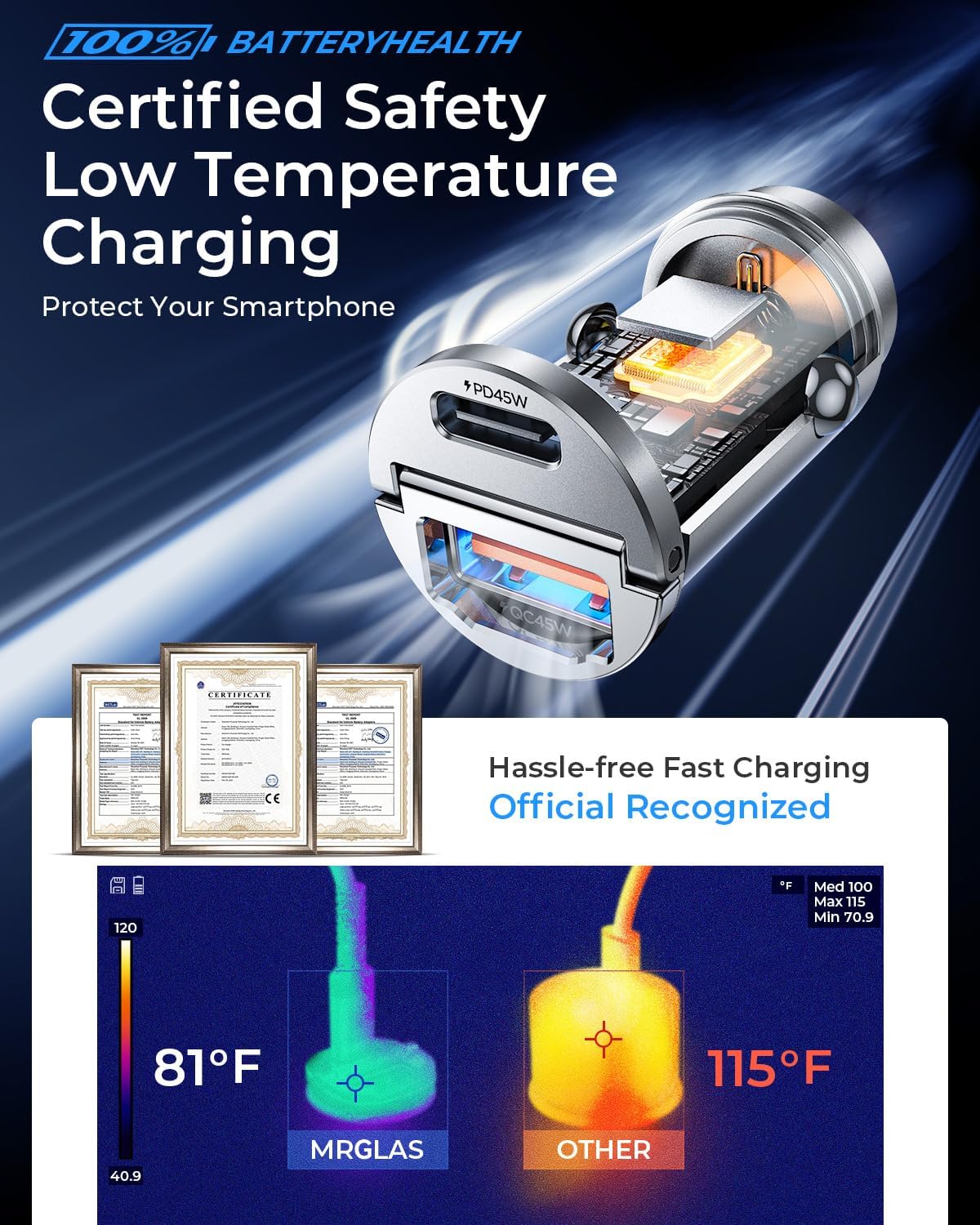 MRGLAS 90W USB C Car Charger Fast Charging,[Smallest Metal] PD45W+QC3.0 Dual Port Cigarette Lighter Car Charger Adapter for iPhone 16 Pro Max 15 iPad S25 S24-Silvery