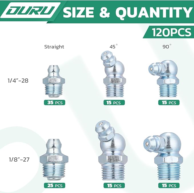 Grease Fittings Assortment, 120PCS SAE Zerk Grease Fittings NPT 1/4" 1/8", Straight 45 90 Degree Grease Nipple for Grease Gun