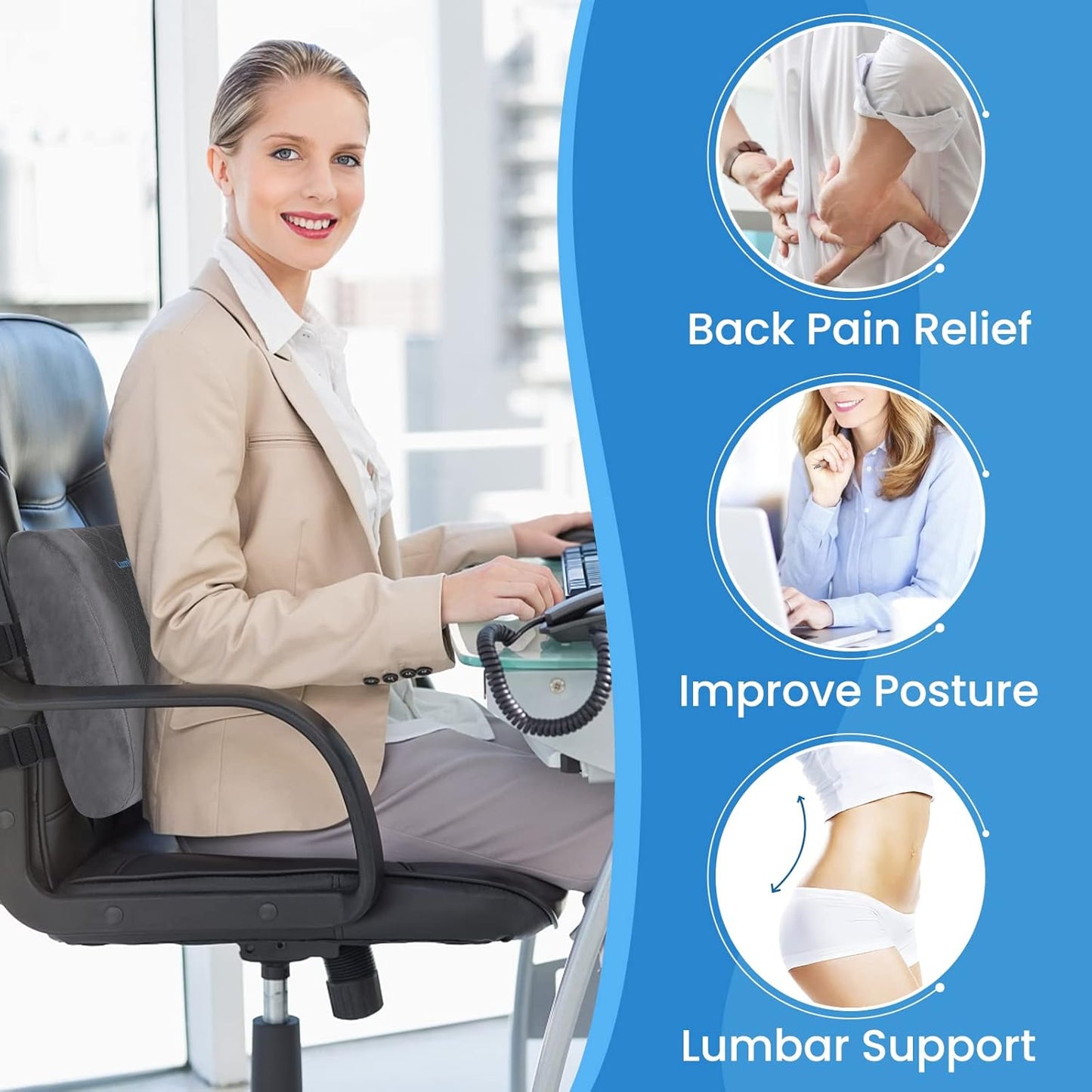 Lumbar Support Pillow for Office Chair Back Support Lumbar Pillow for Car, Gaming, Office Chair - Improve Sitting Posture & Back Pain Relief, Memory Foam, Adjustable Straps, Fluffy Grey