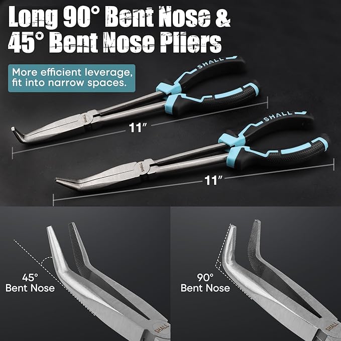 SHALL 3 PCS Long Needle Nose Pliers Set, 11" Long Nose Plier, 90° & 45° Bent Nose Pliers, Roll Up Storage Pouch Included, Two-Color TPR Handle, for Car Repair/House Work