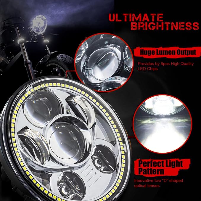 SLK-Lights VT1300 Fury LED Headlight Chrome Halo Daymaker 5 3/4in - Direct Fit - Plug & Play - Compatible Honda VT1300 2010-2025 Honda Fury, Sabre, Interstate, and Stateline (Chrome Halo)