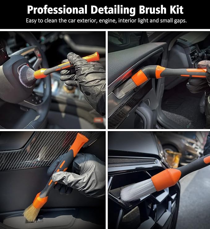 YeewayVeh 3pcs Car Detailing Brush Set, Boar Hair, Soft & Sharpened Bristles, Elbow Connection, Orange