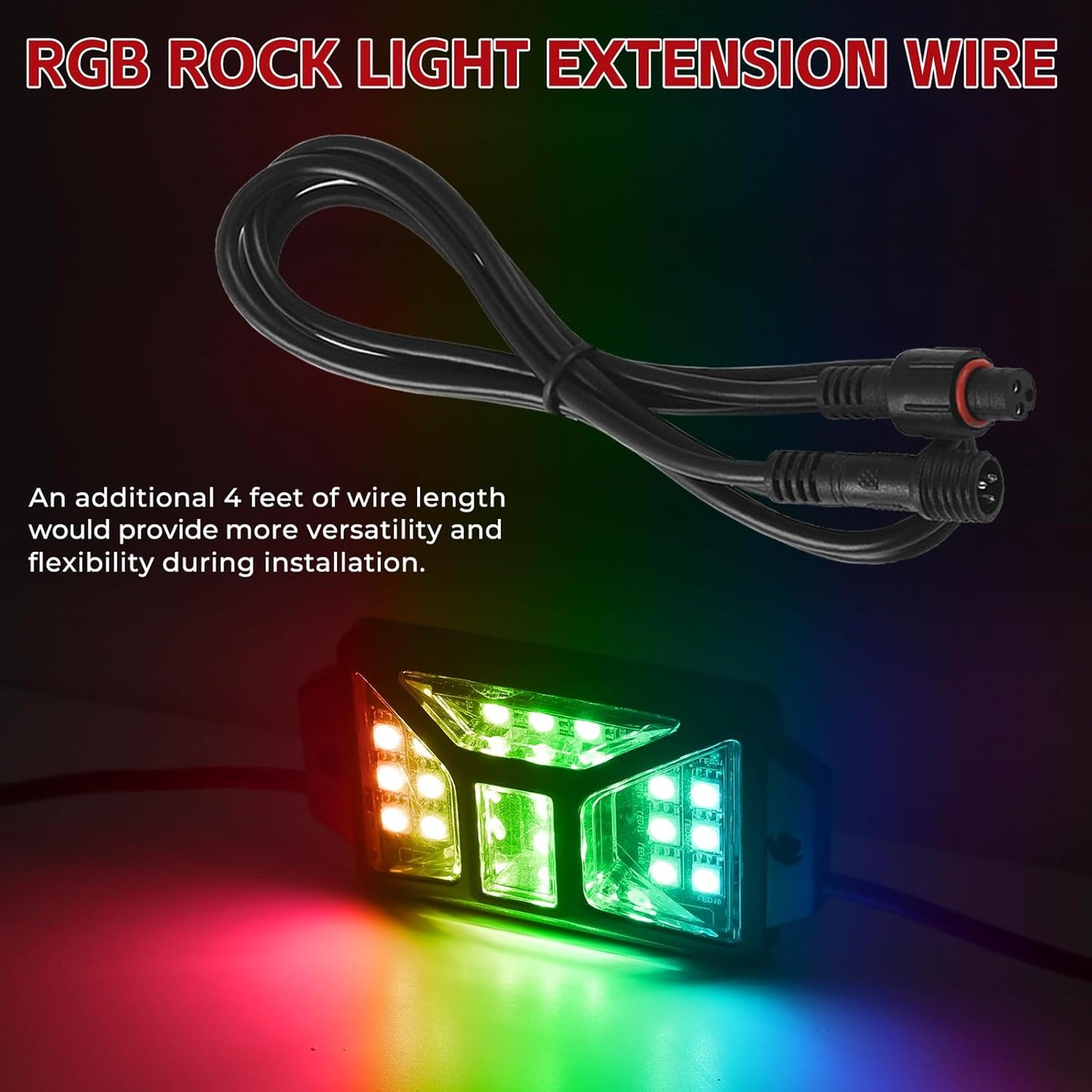 4 PCS 4FT 3 Pin RGB Rock Light Extension Wire, Design for Our Brand's Rock Lights, Other Brands Must Meet The Conditions of which Length of The Male Plug is 0.24 Inches and The Female is 0.39 Inches