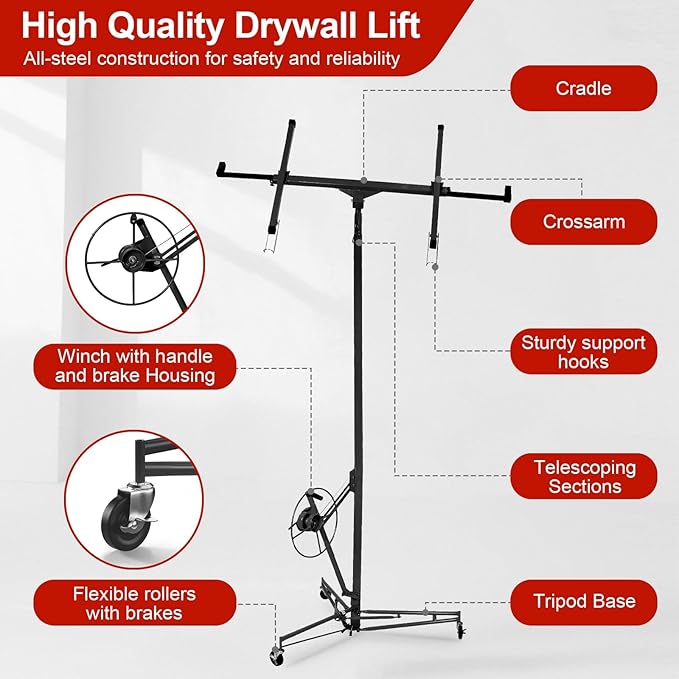 11FT Drywall Lift Sheetrock Lift, 150LBS Capacity, Drywall Lift Panel Hoist with Telescopic Arm, Drywall Jack Lift with 3 Lockable Wheels for Home Improvement, 4'x16' Panel Size, Black