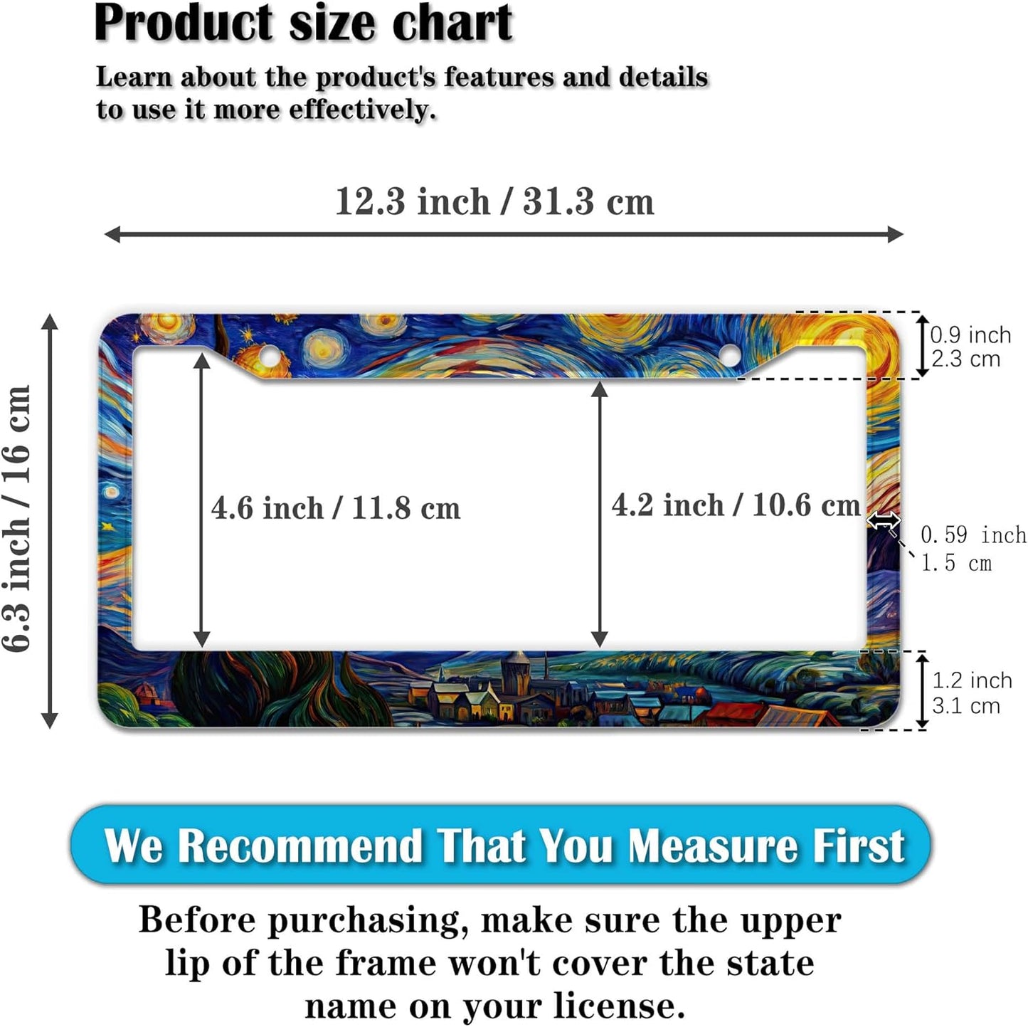License Plate Frame Multicolor License Plate Holder The Starry Night Universal Aluminum Car Accessory 2 Pack with Screw Covers Set