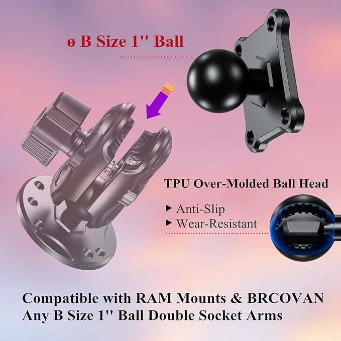 BRCOVAN 1'' Ball Mount Base with Aluminum Alloy 4-Hole AMPS Square Plate Compatible with RAM Mounts B Size 1 Inch Ball Double Socket Arm