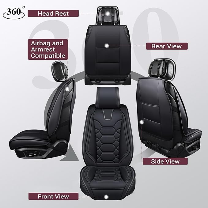 OASIS AUTO Car Seat Covers Full Set, Waterproof Faux Leather Seat Covers for Cars Universal Fit for SUV, Truck, Sedan, Black Premium Car Seat Protector with Front & Back Cushions
