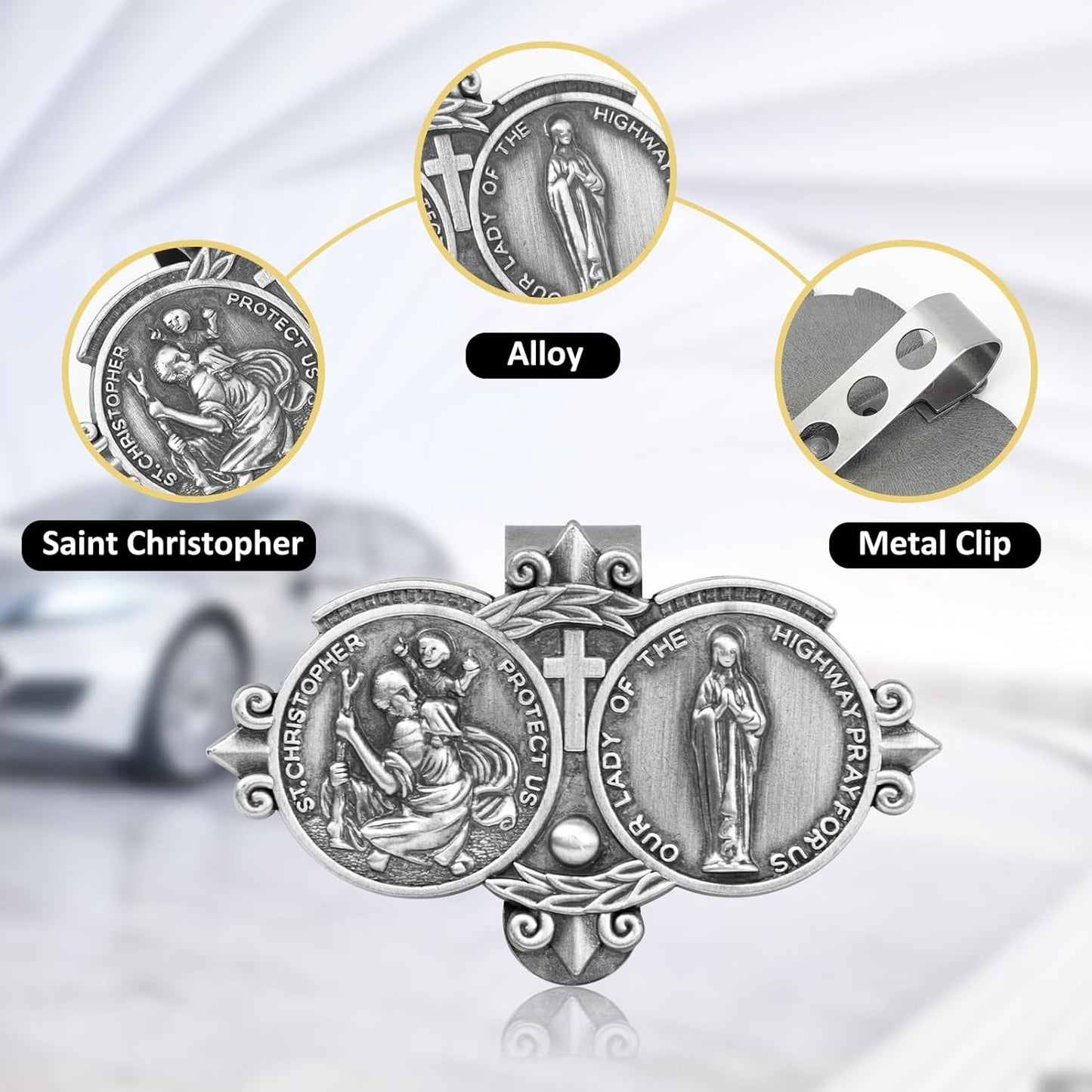 St. Christopher Visor Clip, Saint Christopher Medal for Car, Auto Car Sun Visor Clip, Bless Driving Safety Gift Car Accessories for Family, New Driver, Friends
