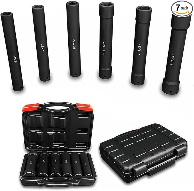 1/2 Inch Drive Extended Length Impact Socket Set, 6 Piece Extra Deep Impact Socket Set, Hex Size 3/4", 7/8", 15/16", 1-1/16", 1-1/8", 1-1/4", for High Torque Use with Case