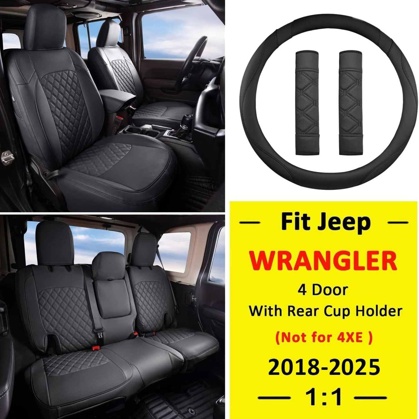 GIANT PANDA Customized Full Set Car Seat Covers for Jeep Wrangler 4 Door JL Sahara Altitude Rubicon 392 Unlimited 2018 2019 2020 2021 2022 2023 2024 2025 with Rear Cup Holder,Faux Leather - (Black)