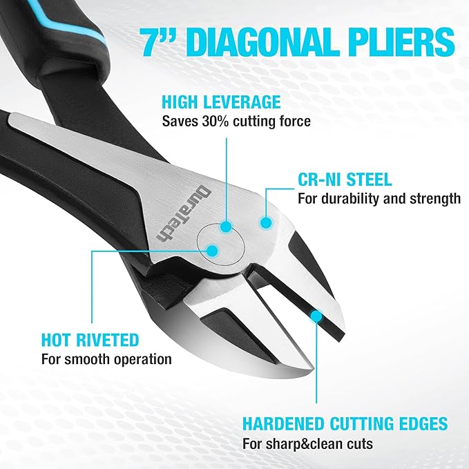 DURATECH 7" High Leverage Diagonal Cutters, Cr-Ni Wire Cutters, Side Cutters for Cutting Wire, Diagonal Cutting Pliers with Comfortable Grip