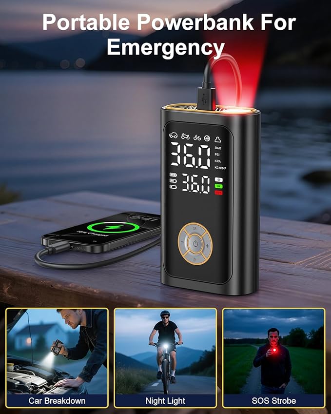 Tire Inflator Portable Air Compressor - Fast Inflation Cordless Air Pump for Car Tires, 150PSI Electric Bike Tire Pump with Digital Pressure Gauge, LED light for Car, Motorcycle, Bike, Ball (art)