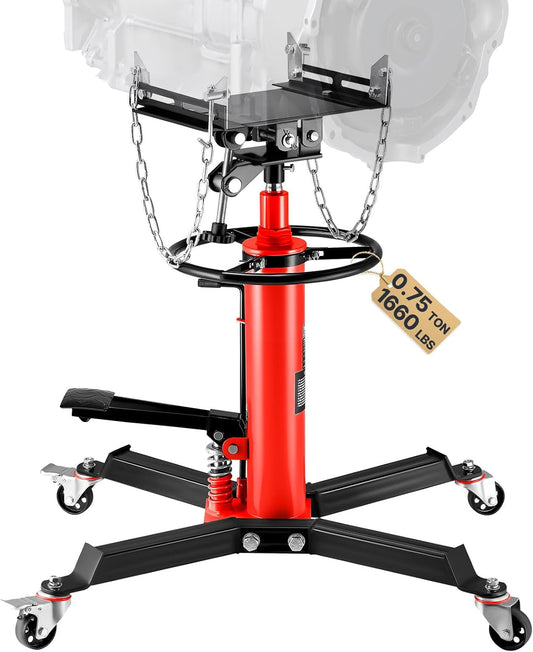 VEVOR Transmission Jack,0.75 Ton/1660 lbs Capacity Hydraulic Telescopic Transmission Jack, 2-Stage Floor Jack Stand with Foot Pedal, 360° Swivel Wheel, Garage/Shop Lift Hoist, Red