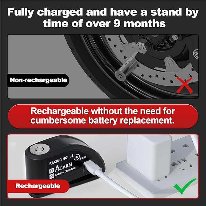 Motorcycle Lock Rechargeable, Alarm Disc Brake Lock with Reminder Cable, 110 dB Alarm Sound, Anti-Theft Waterproof, 2 H Fast-Charging, 9 Months Standby, 7 mm Lock Pin Universal for Bikes