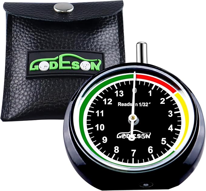 GODESON Tire Tread Depth Gauge,Dial Type Tire Depth Gauge in 32nds,Color-Coded and Easy Reading Tread Depth Gauge Professional for Motorcycle, Car,Truck and Bus,Black Paint Casing