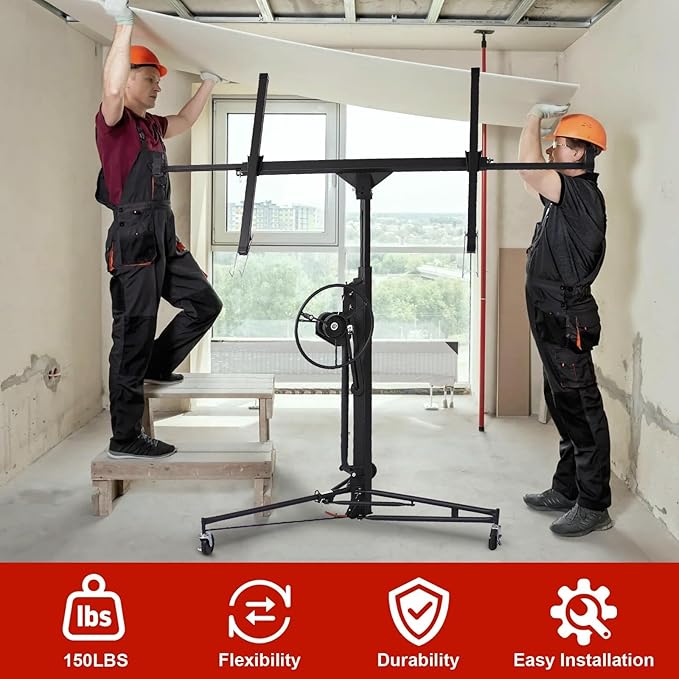 11FT Drywall Lift Sheetrock Lift, 150LBS Capacity, Drywall Lift Panel Hoist with Telescopic Arm, Drywall Jack Lift with 3 Lockable Wheels for Home Improvement, 4'x16' Panel Size, Black