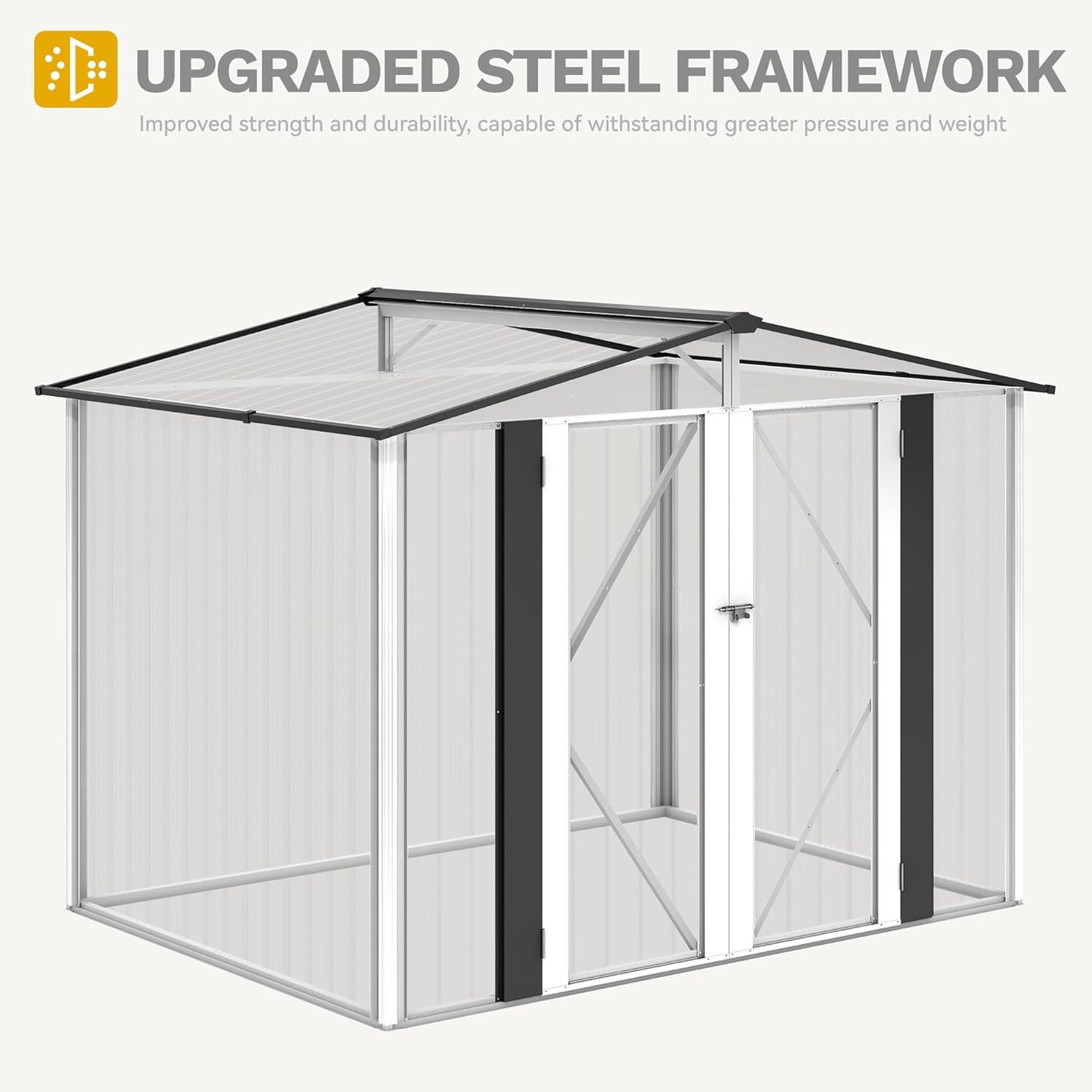 DWVO 8x6FT Outdoor Storage Shelter, Roomy Steel Tool Shed with Secure Entrances & Air Circulation for Patio, Lawn, and Backyard, Ideal for Storing Garden Gear, Lawn Tools, and Bikes, White