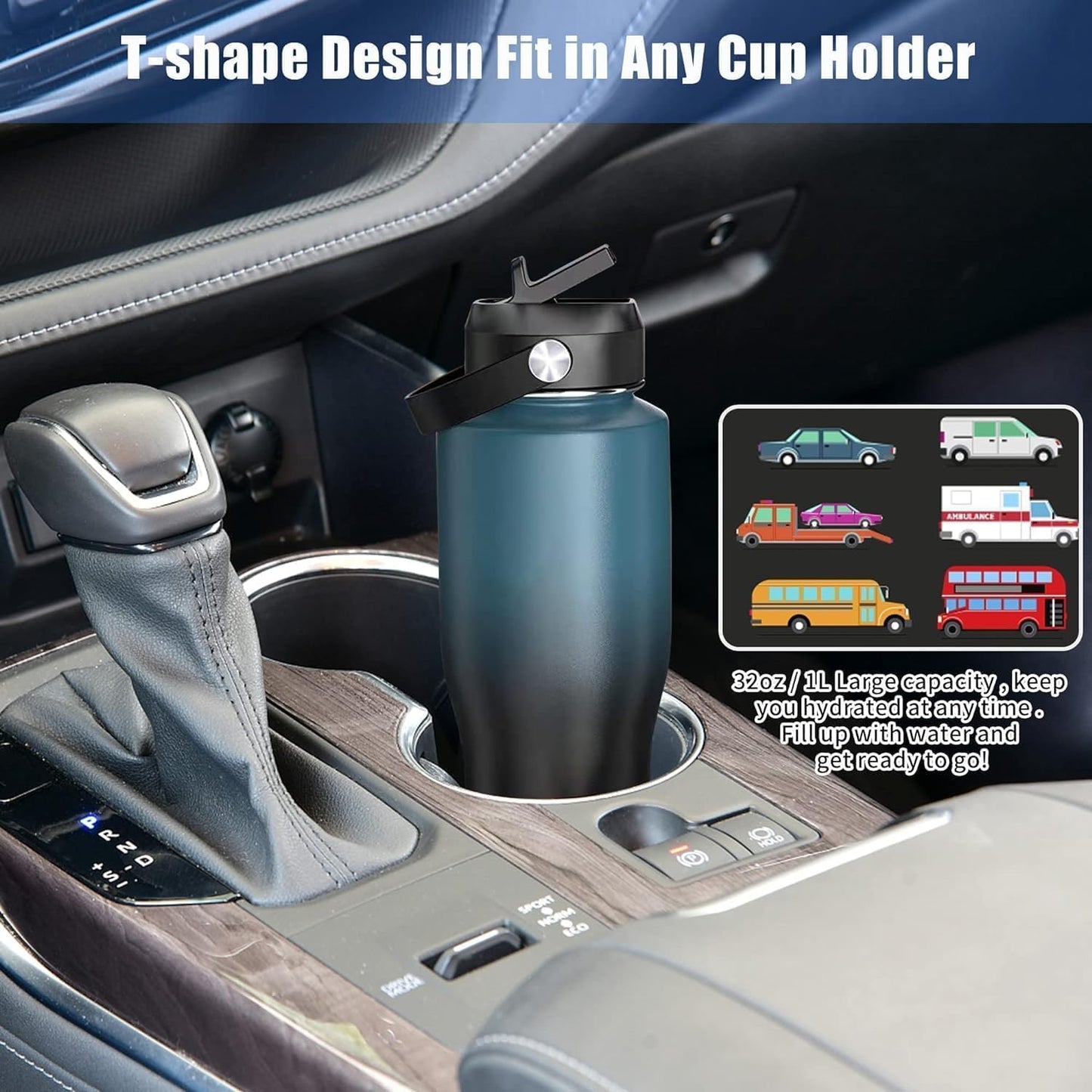 SENDESTAR 32oz Water Bottle Wide Mouth Stainless Steel Vacuum Insulated Double Wall with 2 Straw Lids Fit in Any Car Cup Holder TXIN-32-Dark Green