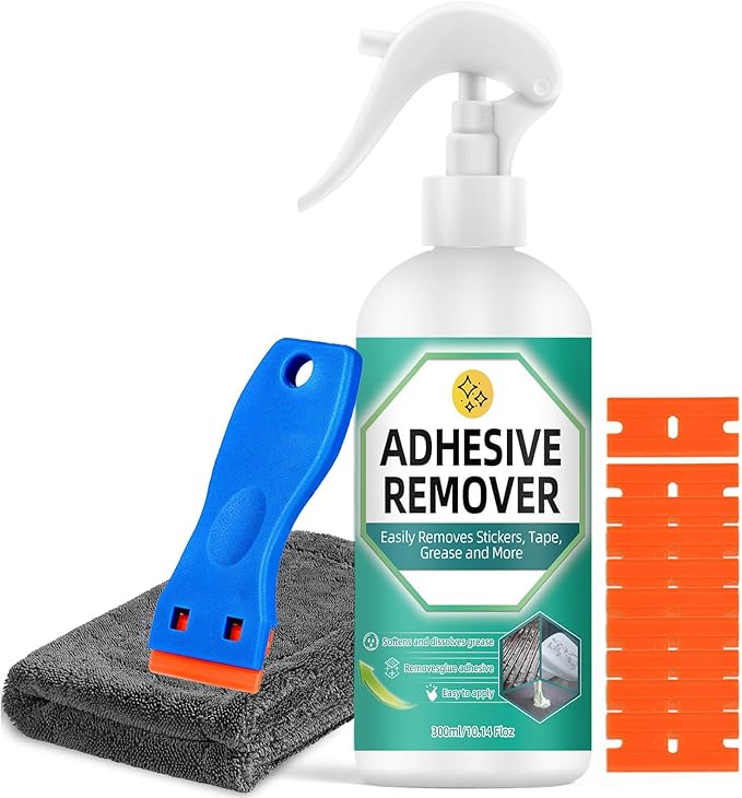 Adhesive Remover Spray, 10.14 Floz Glue Remover with Plastic Scraper and Towel, Surface Safe Sticky Stuff Remover for Car, Windows, Floor, Sticker Remover Rapidly Removes Labels, Gum, Tape, Wax