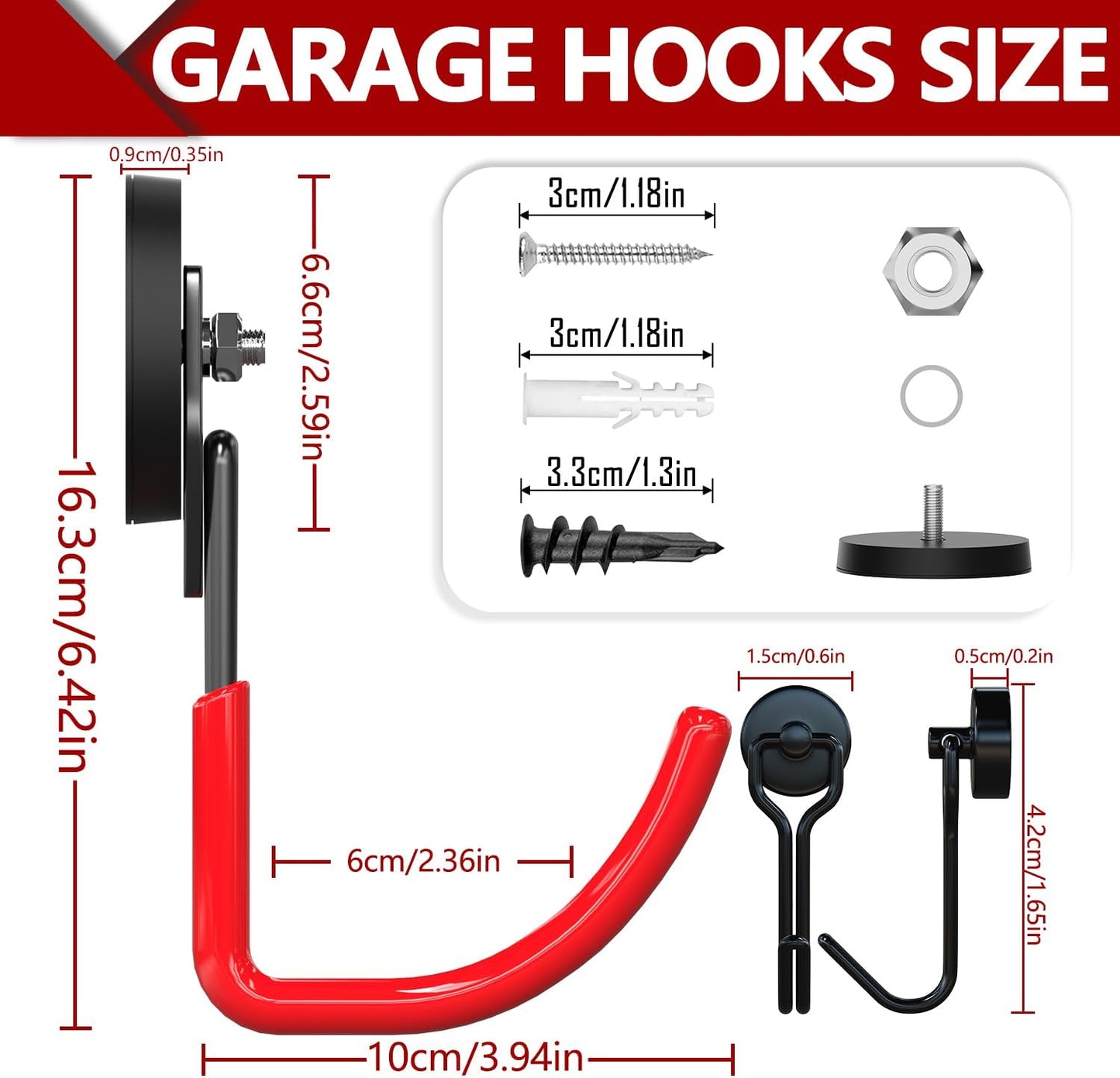 3-H Heavy Duty Magnet Garage Hooks 2 Pack, J Shape Strong Magnetic Hooks for Hanging Cordless Power Drill, Utility Magnetic Tool Holder for Metal Cabinet, Steel Pegboard, Toolbox, Garage(Red)