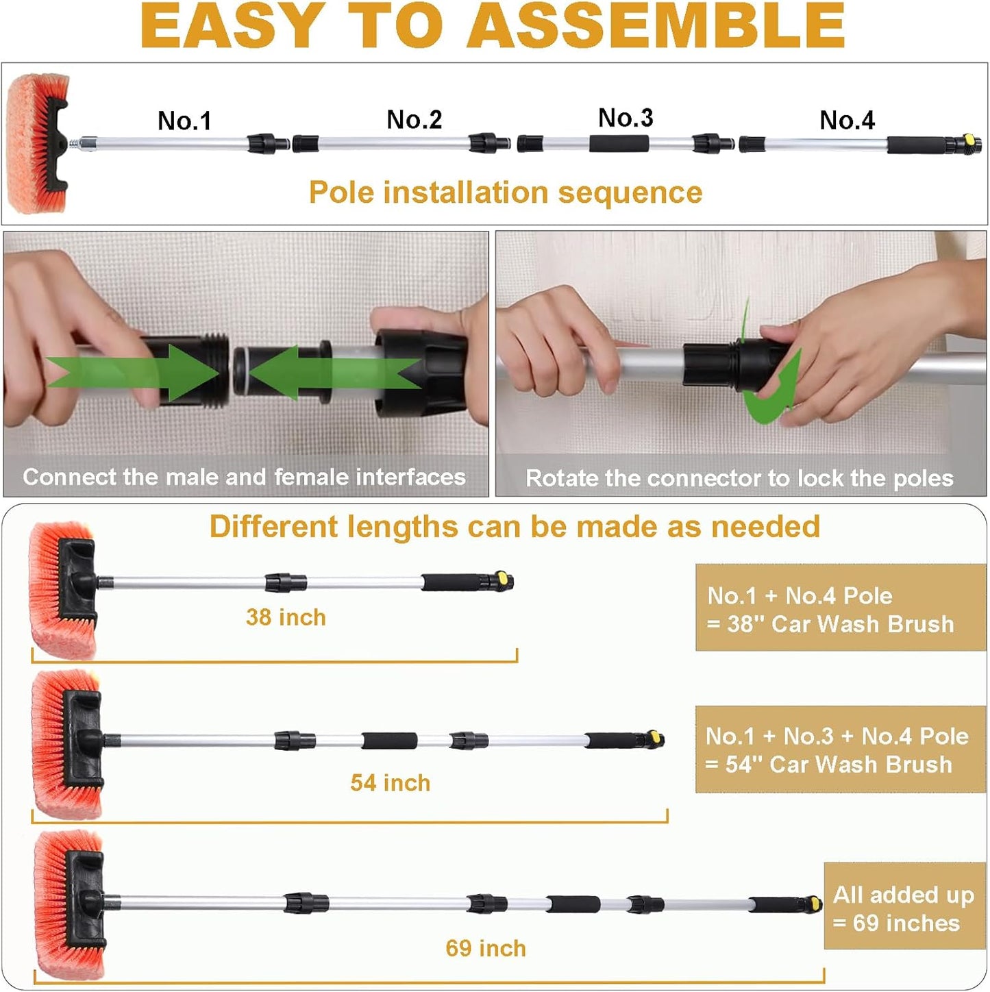 69 Inches Car Wash Brush with Long Handle for Car Truck Boat Washing (Orange)