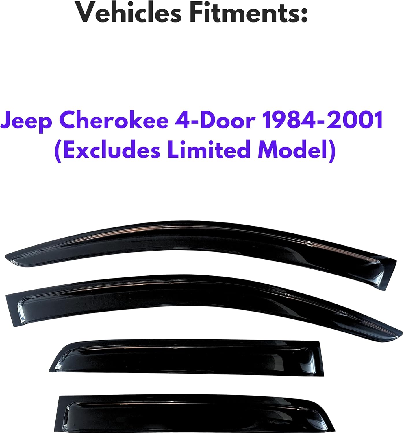 KPY Window Visor Compatible with Jeep Cherokee 4-Door 1984-2001 (Excludes Limited Model), 4PC Rain Guard Side Window Vent Deflectors Tape-On Style, 1992 1993 1994 1995 1996 1997 1998 1999 2000 2001