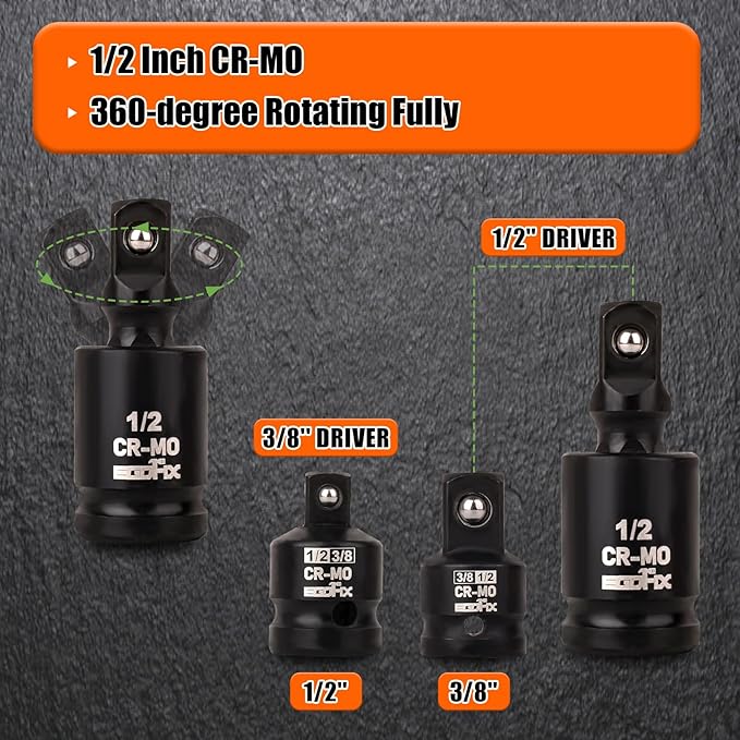 1/2" Impact Axle Nut Socket Set 10 Pieces, Drive Deep CR-MO 6 Point 30,31,32,33,34,35,36mm Metric Socket, with 3/8" - 1/2" Socket Adapter Set, Universal Joint Socket