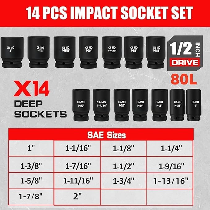 1/2" Inch Drive Deep Impact Socket Set,6-Point,SAE Sizes(1“-2”),14 PCS,Cr-Mo Steel,Heavy Duty Impact Sockets for Automotive & Industrial Machinery,With a Storage Case