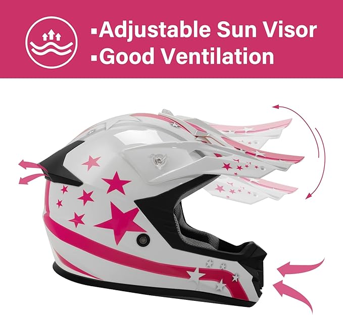 XFMT DOT Youth Kids Dirt Bike Helmet Full Face Motocross Helmets for Off-Road ATV Street Bike Four Wheeler Motorcycle with Goggles & Gloves, Pink Star Small
