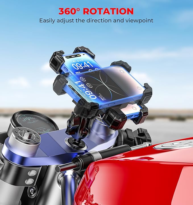 Motorcycle Fork Stem Phone Mount, 1s Auto Lock & Release, Anti-Theft Motorcycle Phone Holder with Aluminum Alloy 1" Ball Short Arm, for 12-25.4mm Diameter Fork Stems, for 5.4"-7" Cellphones
