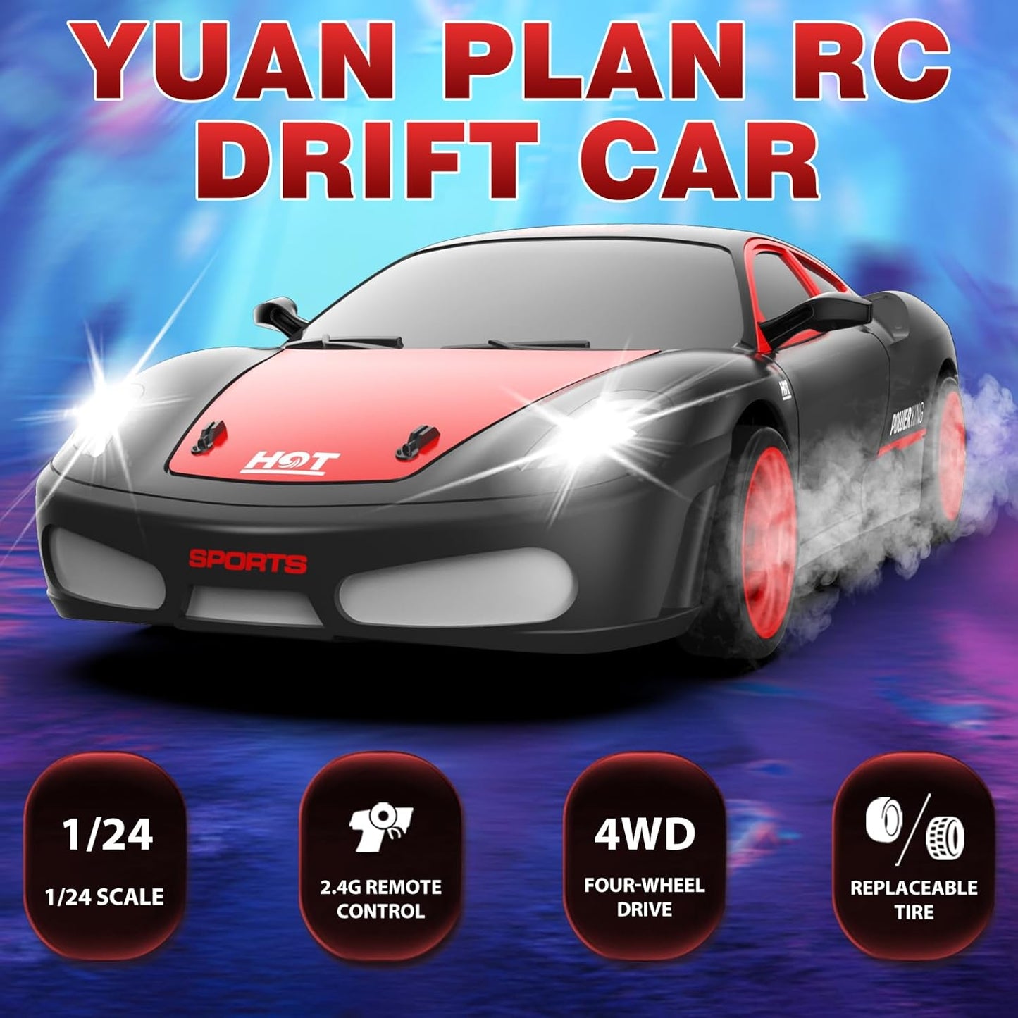 RC Drift Cars, 2.4Ghz 1:24 Remote Control Car 4WD High Speed Drifting RC Car with LED Light and Drift Tires Racing Toy Cars for Kids Boys Girls Adults(Black)