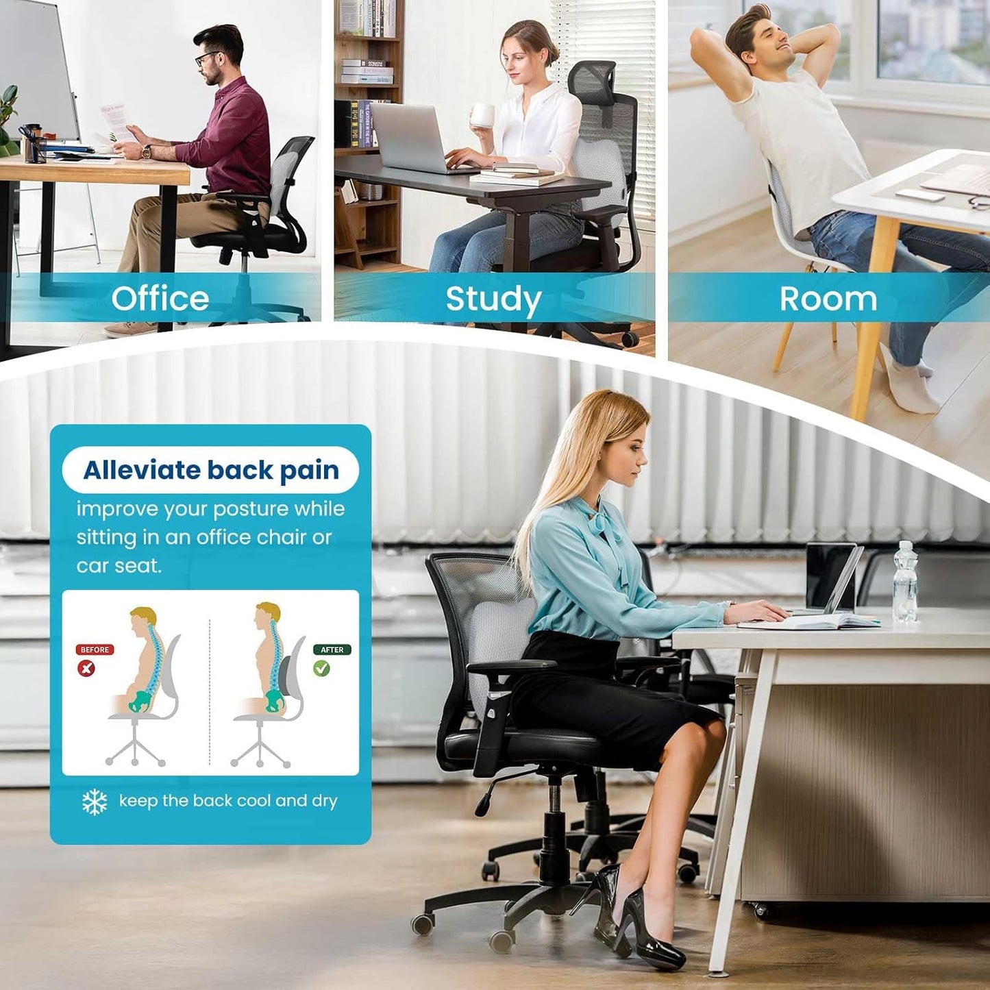 Lumbar Support Pillow Office Chair Car Back Pillow Ergonomic Lower Back Pain Relief Breathable Air Fiber Cushion with Hours Sitting on Worker Driver & Handicapped, Adjustable Strap (Light Grey)