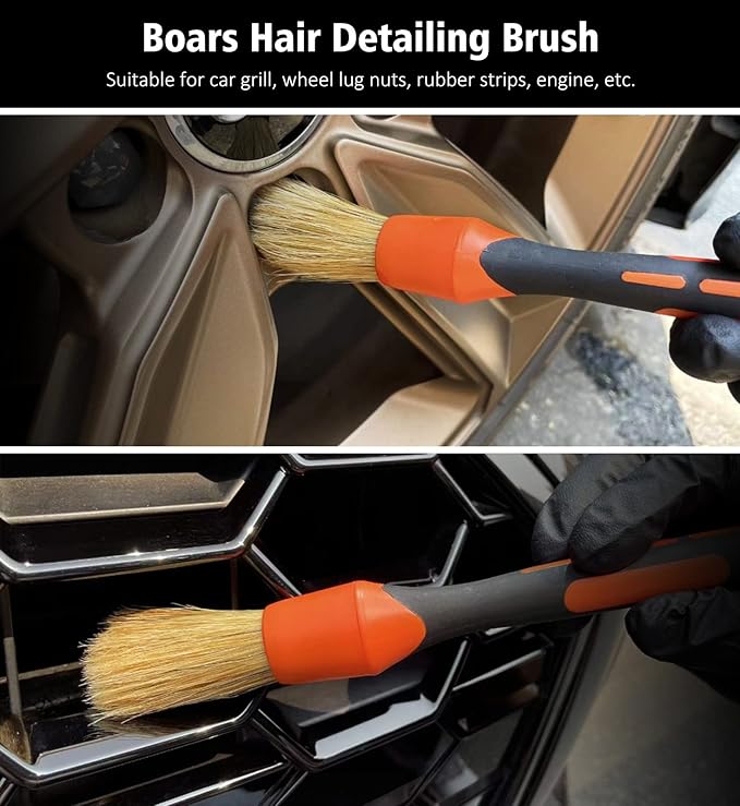 YeewayVeh 3pcs Car Detailing Brush Set, Boar Hair, Soft & Sharpened Bristles, Elbow Connection, Orange