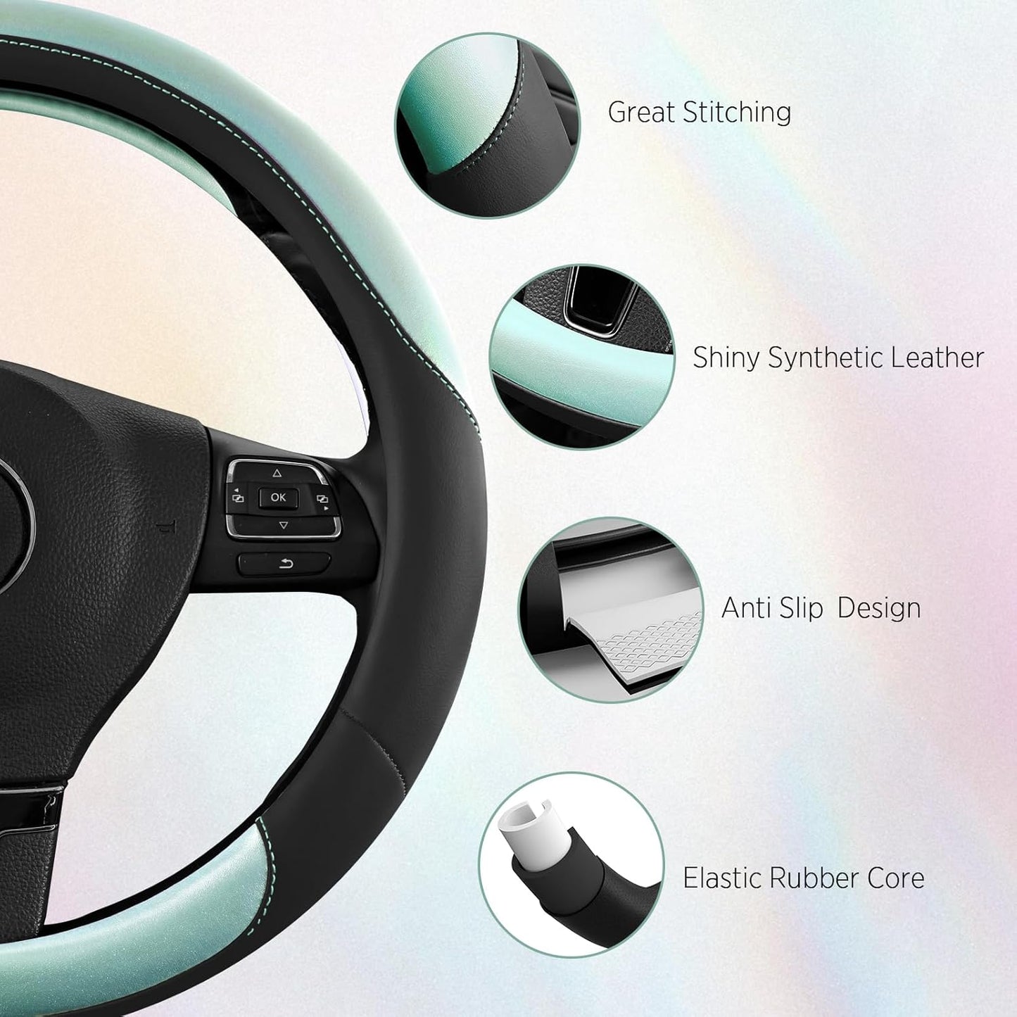 Road Comforts Steering Wheel Cover – Breathable Leather Steering Wheel Cover, Anti-Slip Grip, Universal Fit 14.5” to 15”, Heat & Cold Resistant for Cars, SUVs, and Trucks – Black & Light Blue