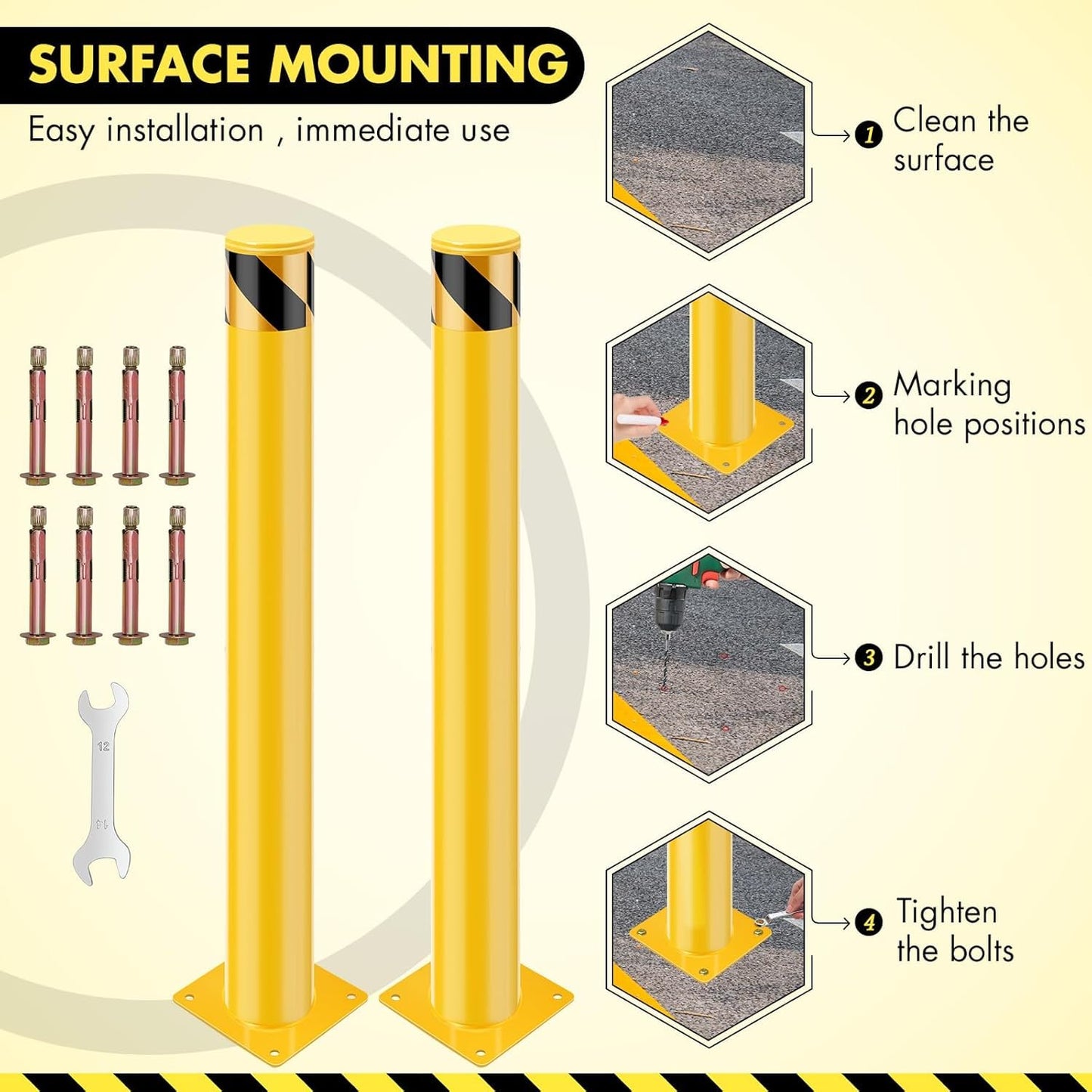 8 Pack Safety Bollard Post, 48 Inch Height 4.5 Inch Diameter Yellow Pipe Safety Steel Bollards with Anchor Bolts and Wrench, Steel Bollards for Road Warning Construction Traffic Control