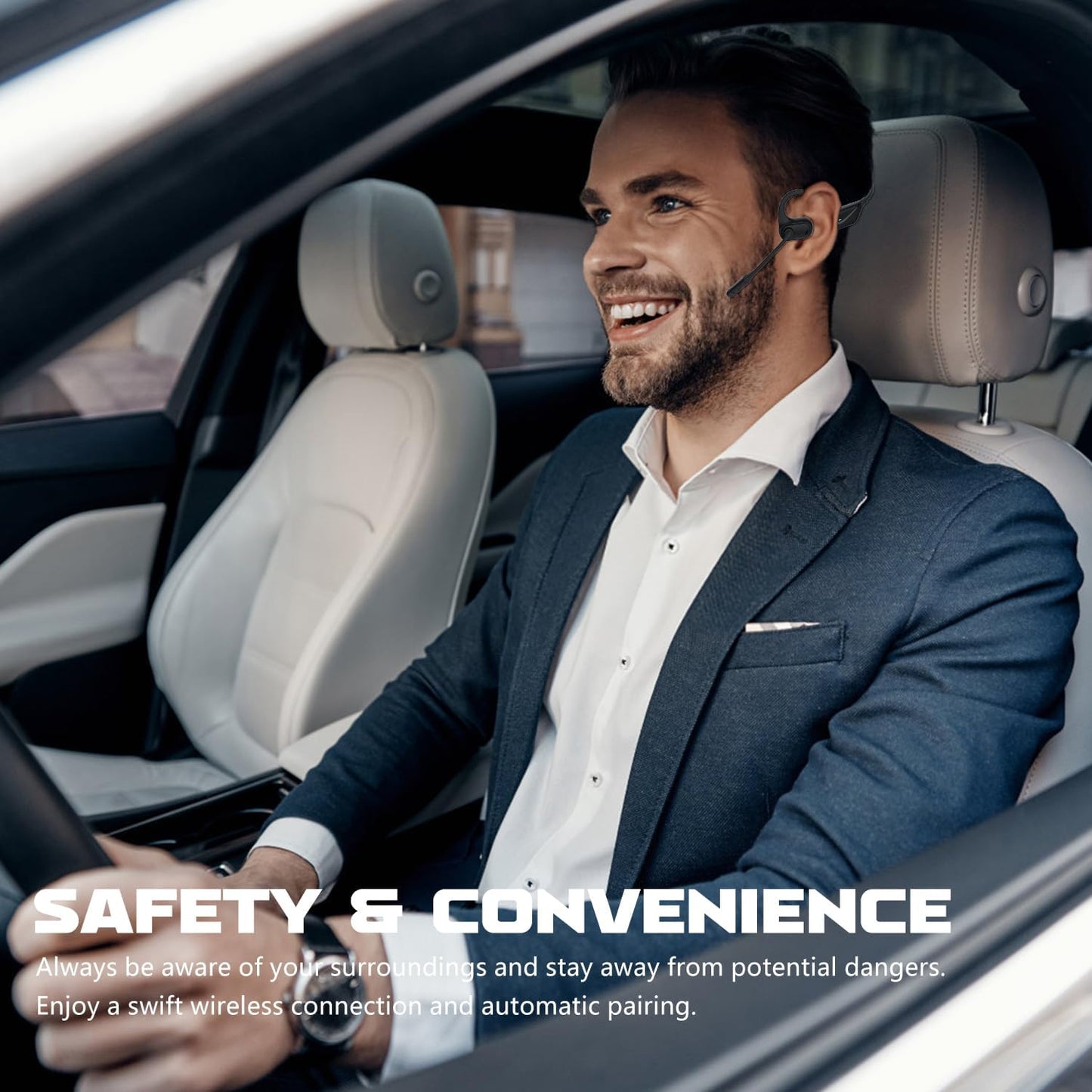 Open Ear Bluetooth 5.4 Headphones with Mic, Lightweight Wireless Headset with Microphone Noise Cancelling Mute Button for Home Office Work Driving Running Workouts, Dual Link, 15H Playtime