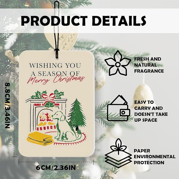 Vintage Christmas Car Air Freshener 4 Pcs, Retro Neutral Christmas Tree Gift Box Dog Fireplace Air Freshener Hanging Decor for Cars Closet Drawer Books Accessories Gifts