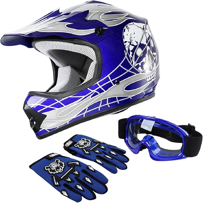 XFMT DOT Youth Kids Dirt Bike Helmet Full Face Motocross Helmets for Off-Road ATV Street Bike Four Wheeler Motorcycle with Goggles & Gloves, Blue Skull Small