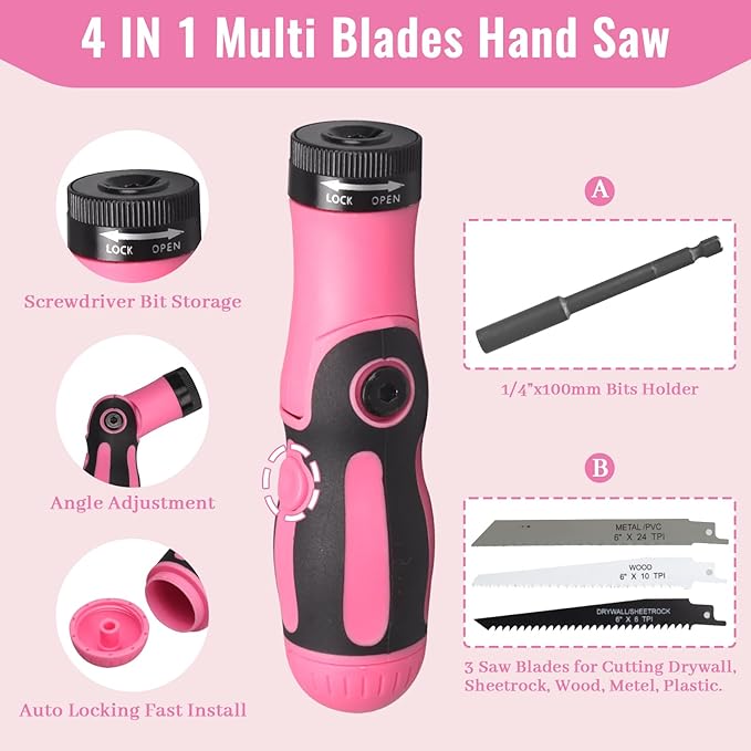 450-Piece Pink Tool Set, Home Tool Kit with Toolbox Storage Case Home Repair Tool Kit with Drawer for Women