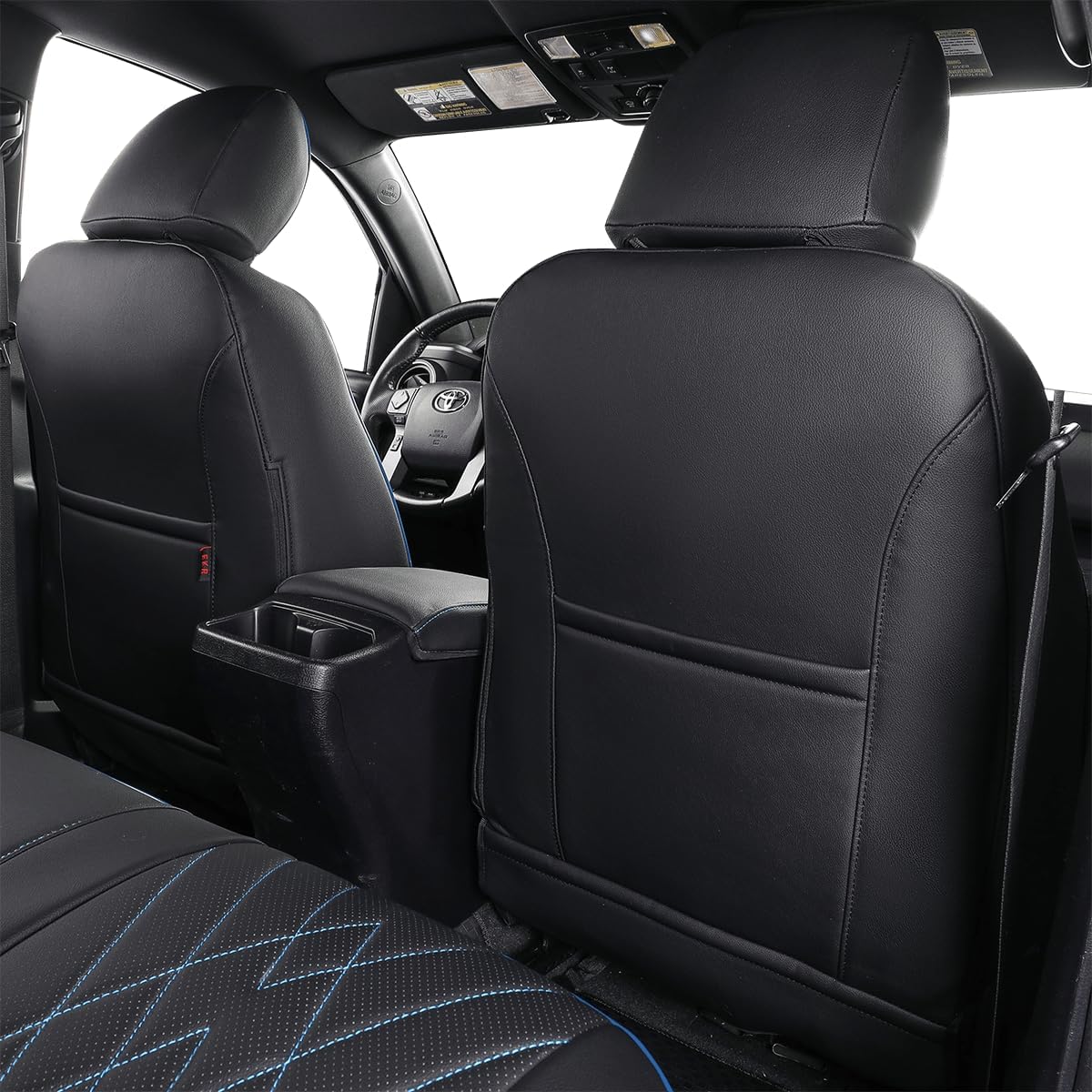 EKR Custom Fit Tacoma Car Seat Covers for Select Toyota Tacoma 2016 2017 2018 2019 2020 2021 2022 2023 Access Cab -Full Set,Leather (Black with Blue Trim)