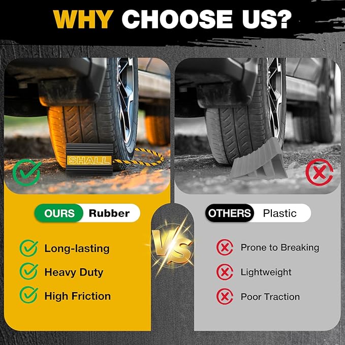 SHALL Wheel Chocks, Heavy Duty Rubber Wheel Chocks with 3 Reflective Strips, Solid Block Stopper for RV Trailer Camper Truck Car Aircraft, 2 Pair/4 Pack with Rope, Yellow