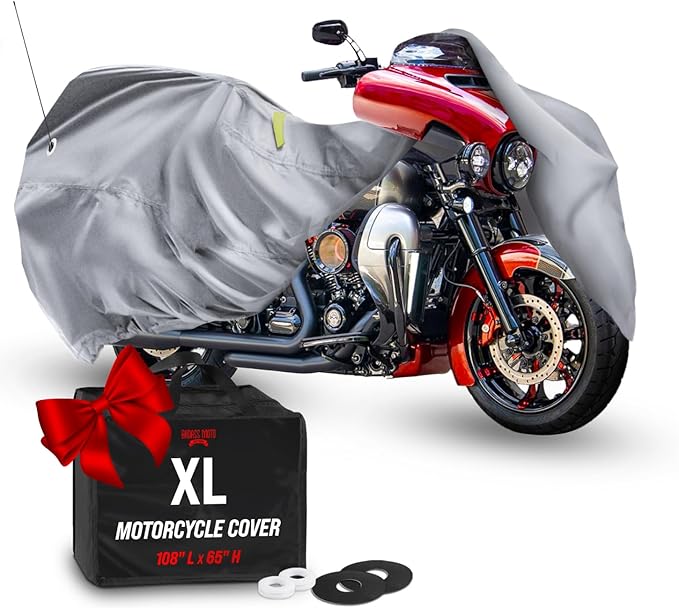 Badass Moto - Extra Large Motorcycle Cover Waterproof Outdoor, Heavy Duty Motorcycle Cover for Harley Davidson Night Reflective Motorcycle Covers (108” Full Dressers, Tourers) Light Gray, X-Large