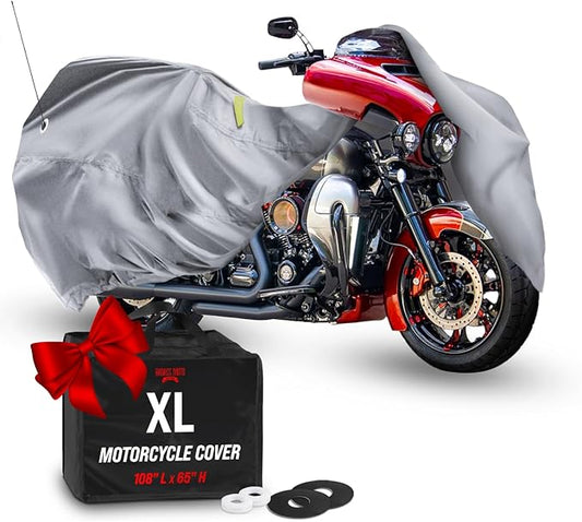 Badass Moto - Extra Large Motorcycle Cover Waterproof Outdoor, Heavy Duty Motorcycle Cover for Harley Davidson Night Reflective Motorcycle Covers (108” Full Dressers, Tourers) Light Gray, X-Large